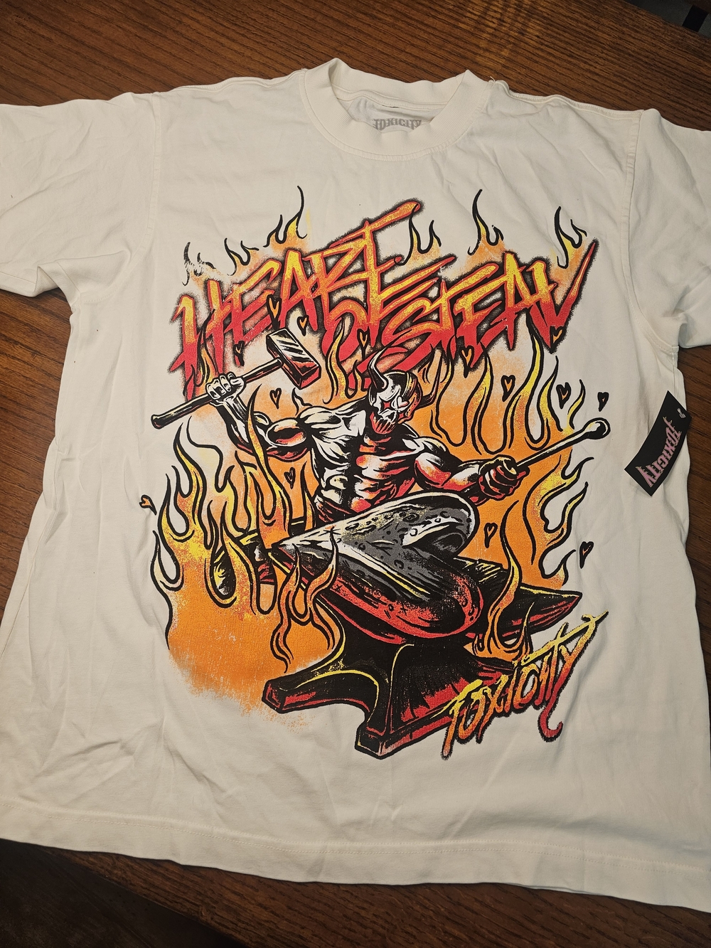 Toxicity White Graphic Short-Sleeve Tee with Fiery Devil Anvil Artwork
